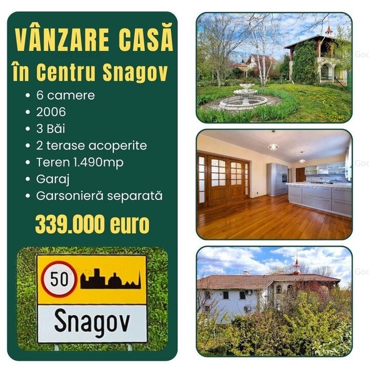 Vanzare casa 6 camere 264mp + garaj + garsoniera separata + 1490mp Centru Snagov