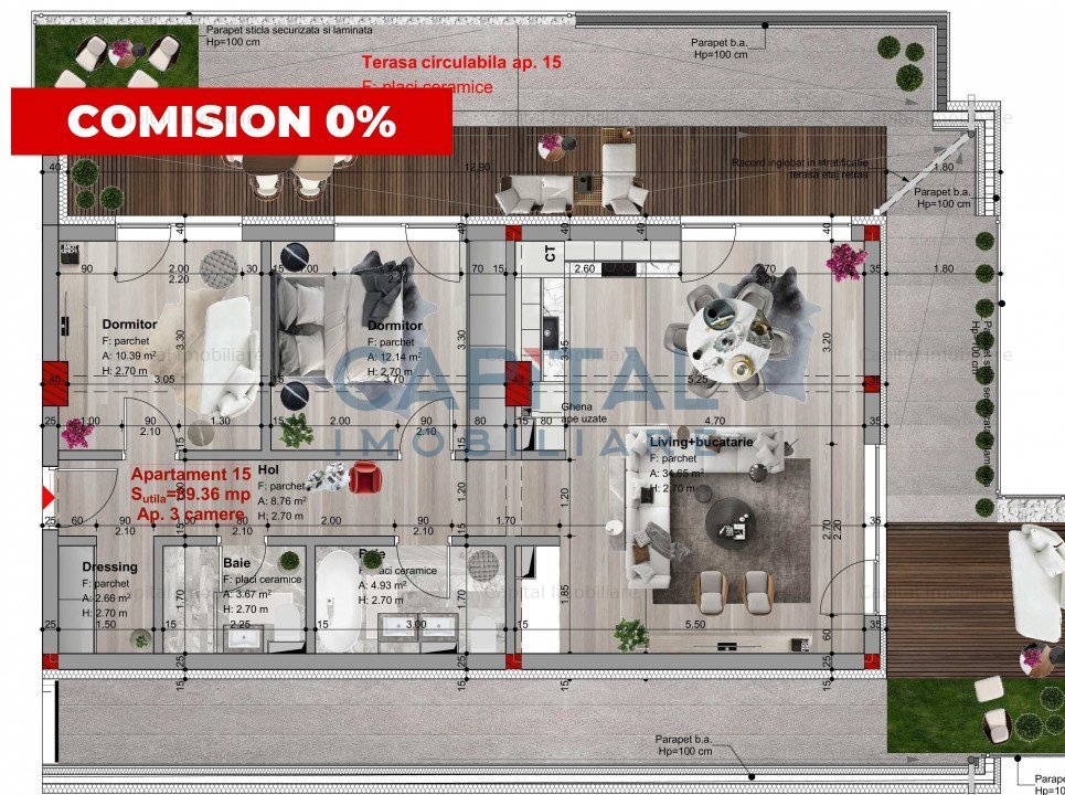 Comision 0! Apartament cu 3 camere, terasa, cartier Borhanci - imaginea 0 + 1