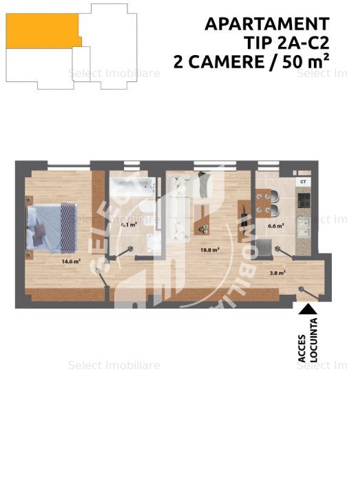 Apartament cu 2 camere, semidecomandat, 50 mp - imaginea 1
