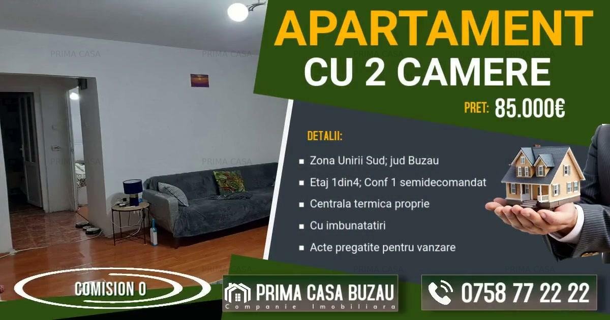 Apartament 2 camere, mobilat, 53 mp, etaj 1/4, Unirii Sud – Buzău | COMISION 0%