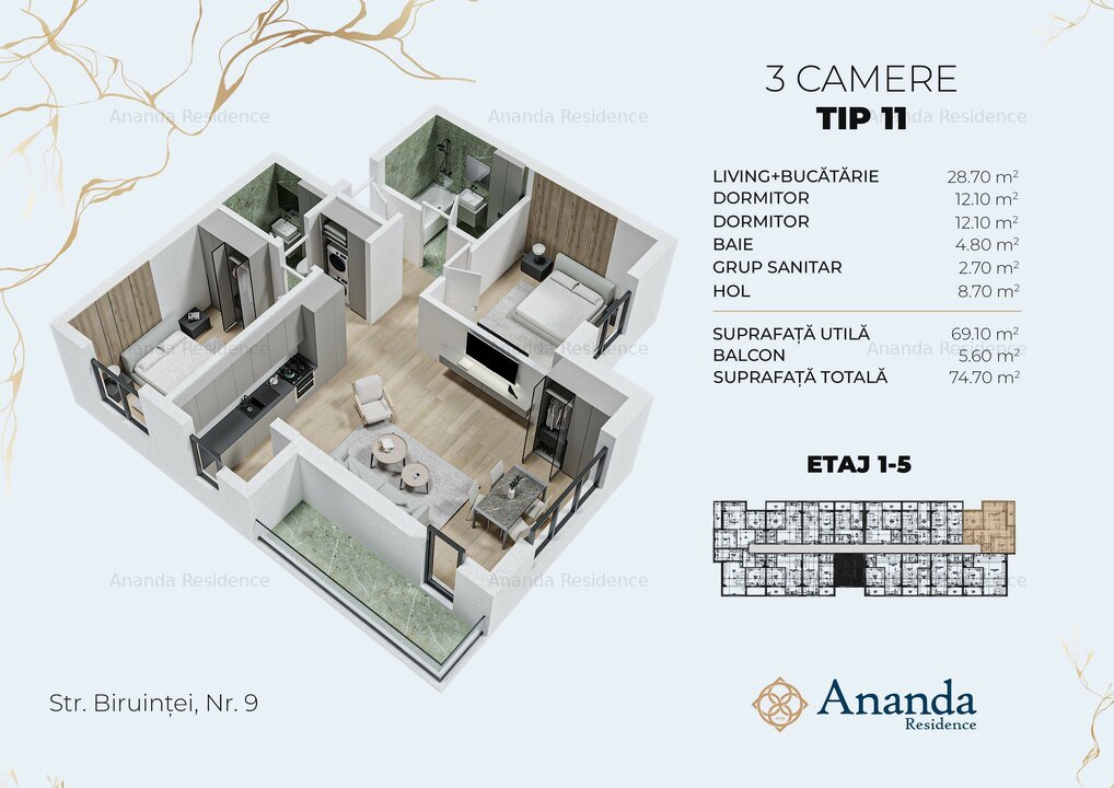 Apartament 3 camere | 0% comision | Direct dezvoltator | Discount 17% | 2 bai