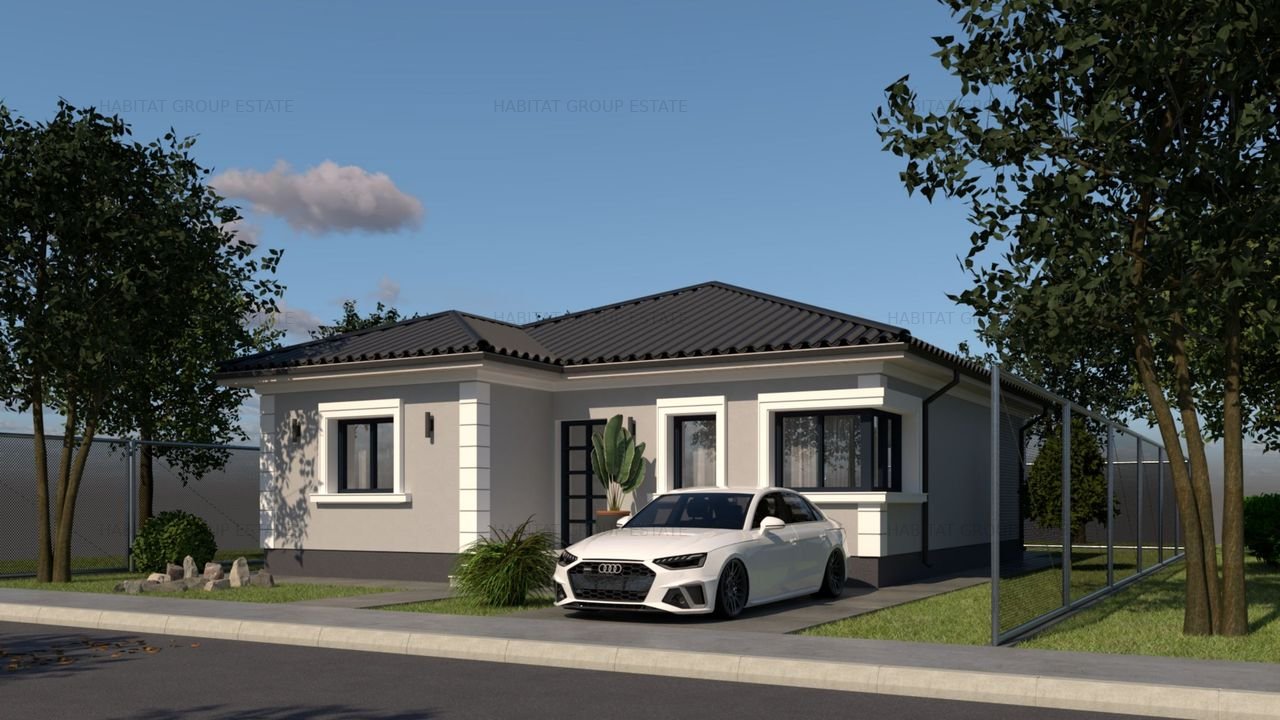 Casa individuala pe parter, 3 camere - 93 mp, 2 bai, teren 370 mp, Comision 0%