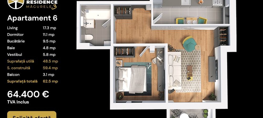Apartament 2 Camere cu terasa în Elite Residence Măgurele - imaginea 0 + 1