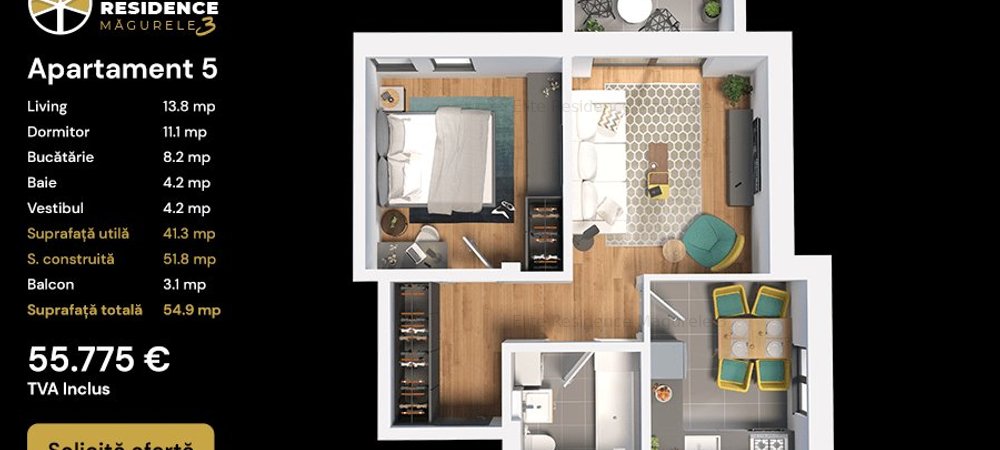 Apartament 2 Camere cu terasa în Elite Residence Măgurele - imaginea 0 + 1