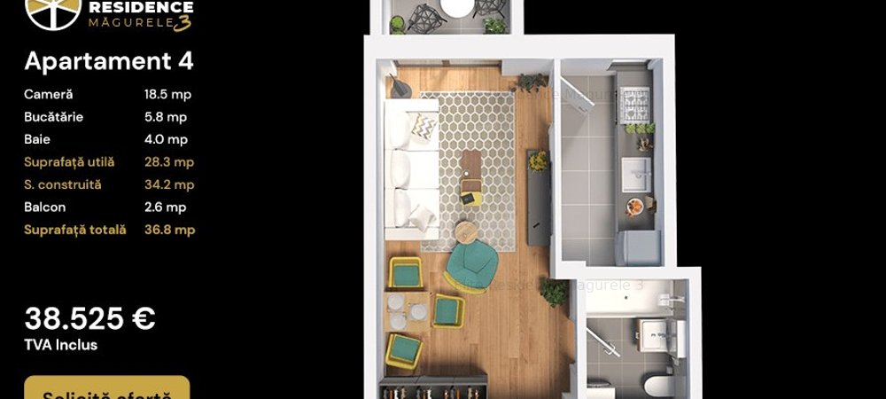 Apartament Garsoniera / Studio cu terasa în Elite Residence Măgurele - imaginea 0 + 1