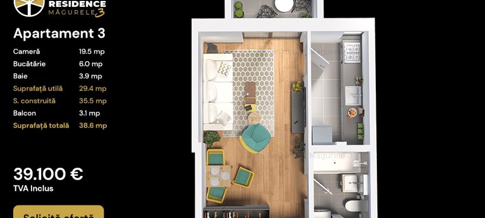 Apartament Garsoniera / Studio cu terasa în Elite Residence Măgurele - imaginea 0 + 1