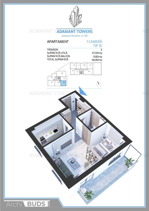 Adamant Towers, apartament 1 camera, decomandat, tip 1E, Cug Rond-Vechi - imaginea 5