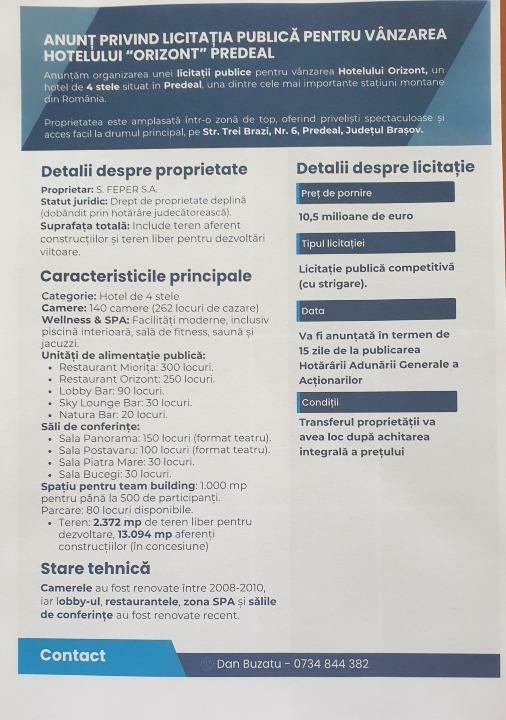 LICITATIE PUBLICA PENTRU VANZAREA HOTELULUI